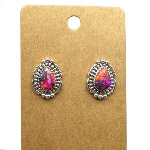 Kingman Pink Dahlia Turquoise Stud Earrings Solid 925 Sterling Silver Post Back